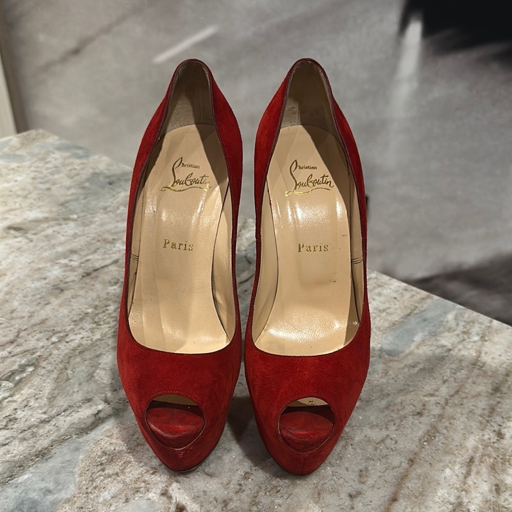 Christian Louboutin Red Suede Peep Toe Heels